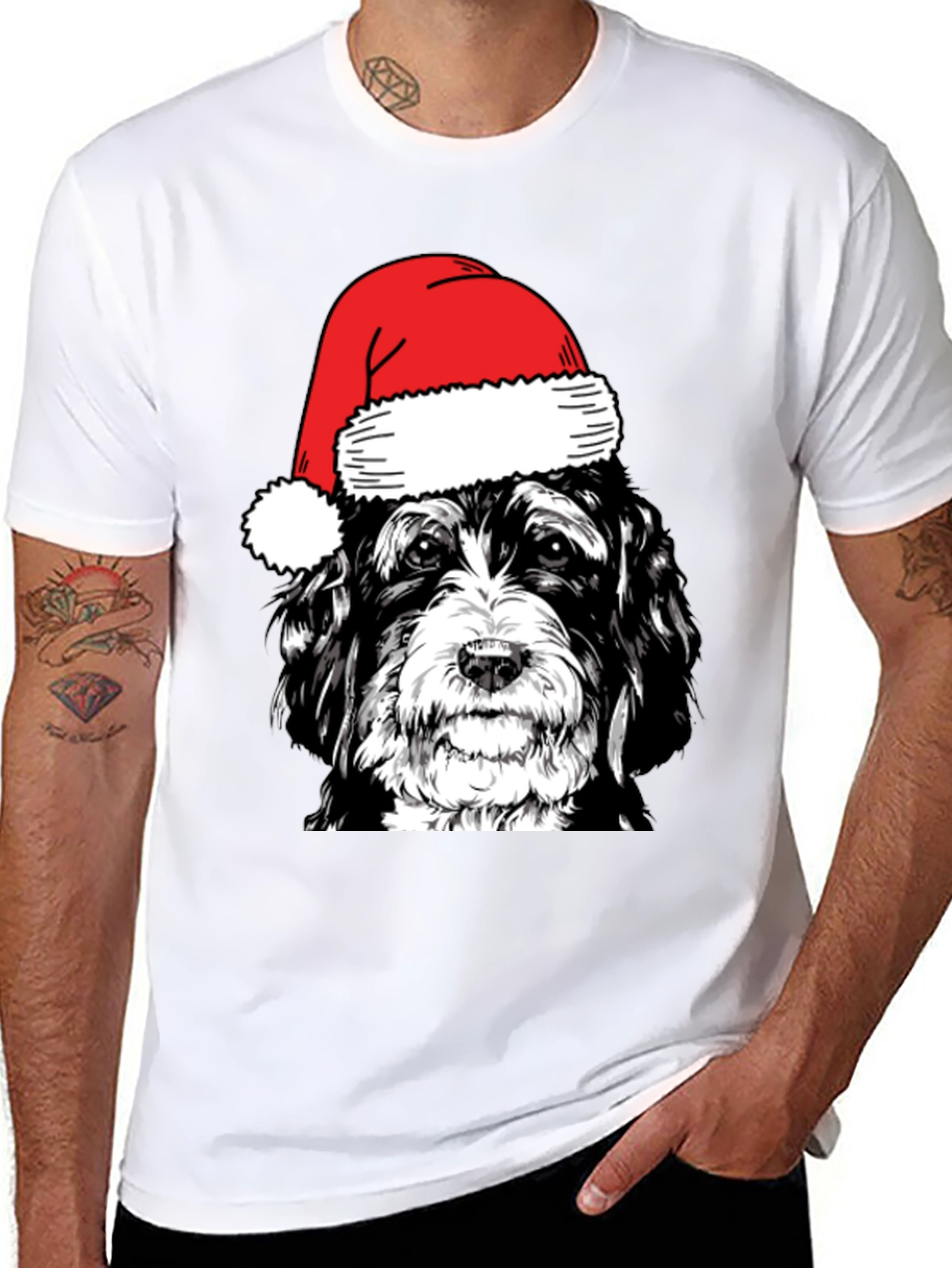 Dog with Santa Hat Black T-Shirt