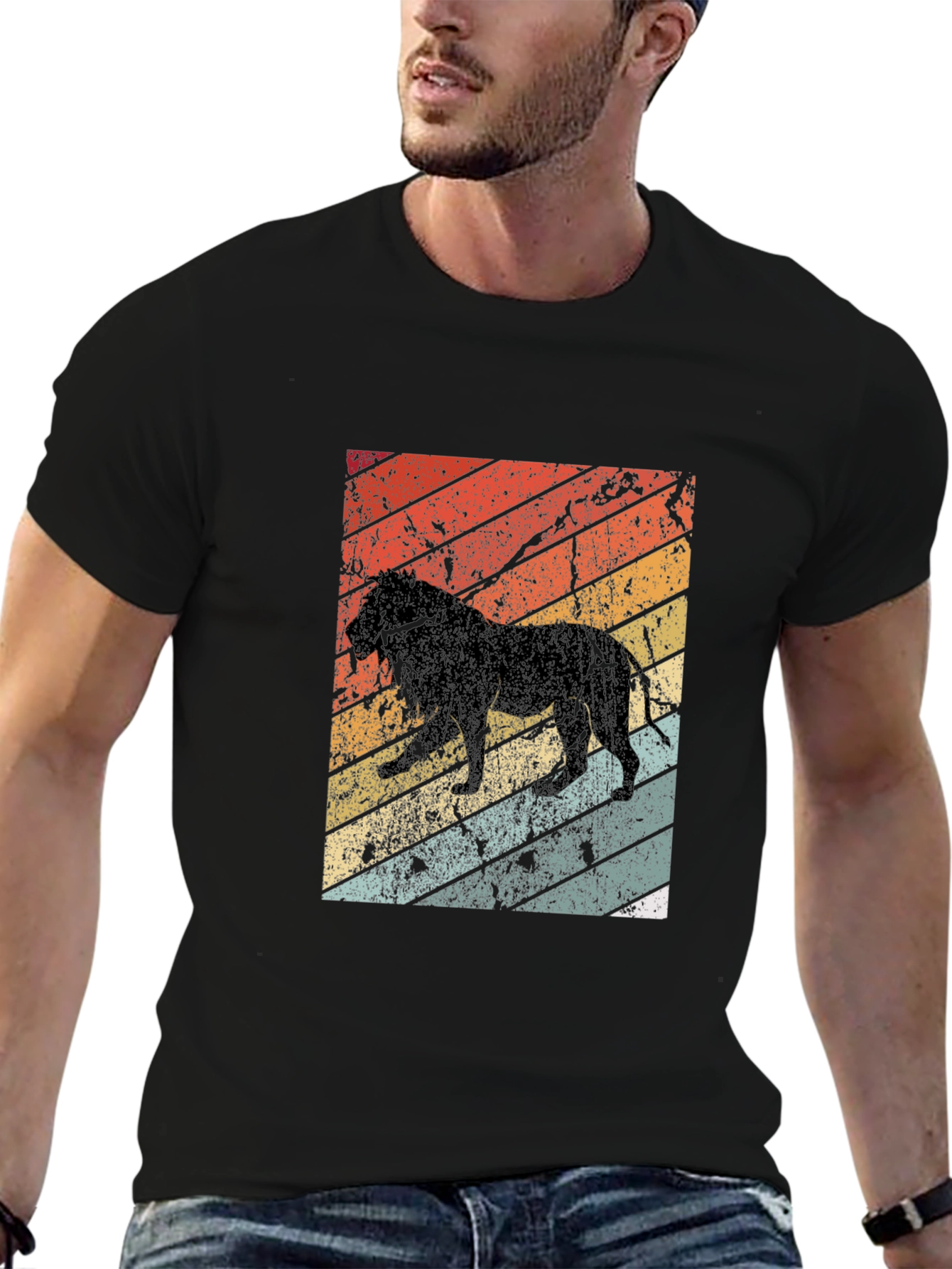 Retro Lion Graphic Tee - Black Cotton T-Shirt