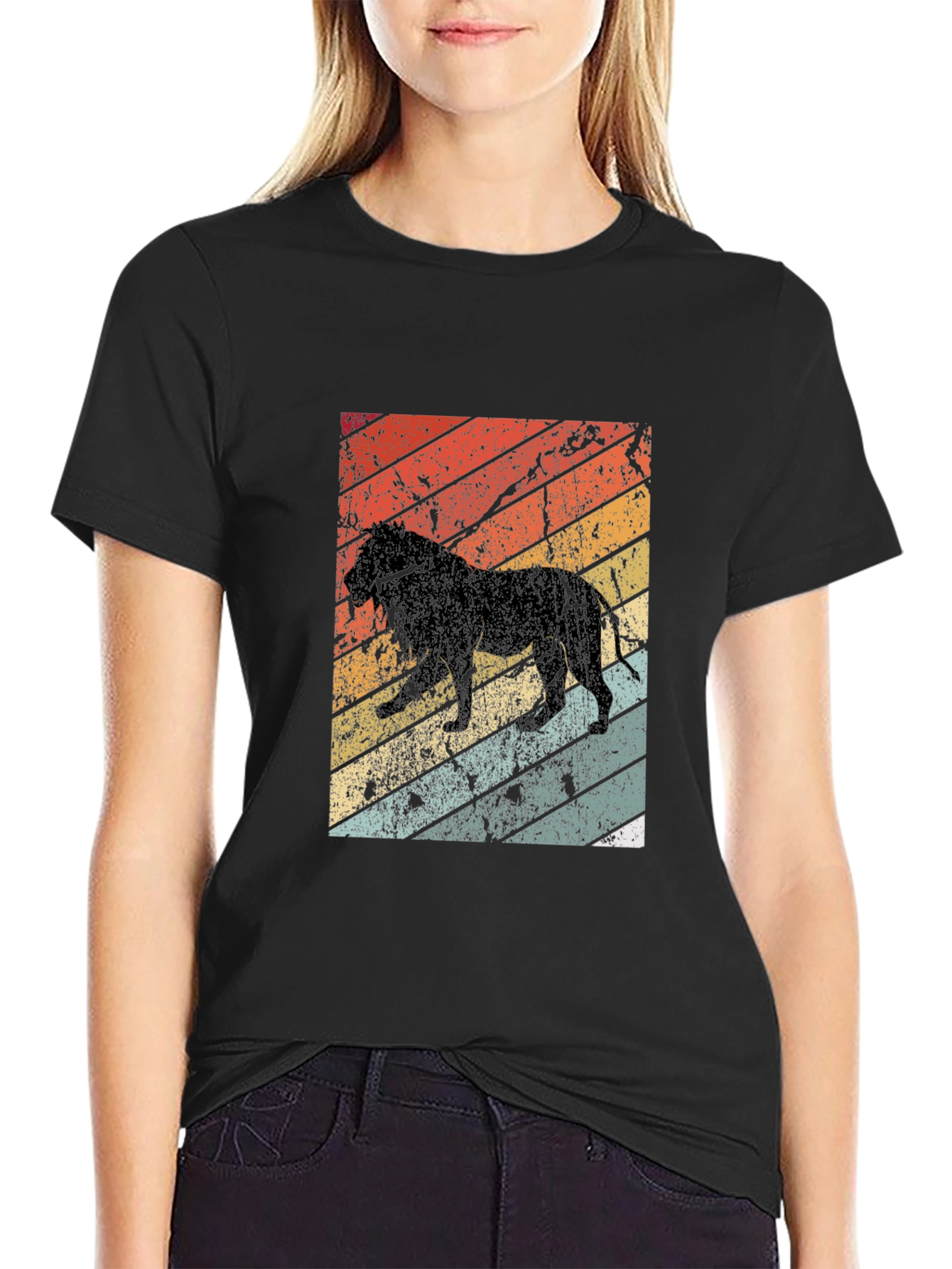 Retro Lion Graphic Tee - Black Cotton T-Shirt