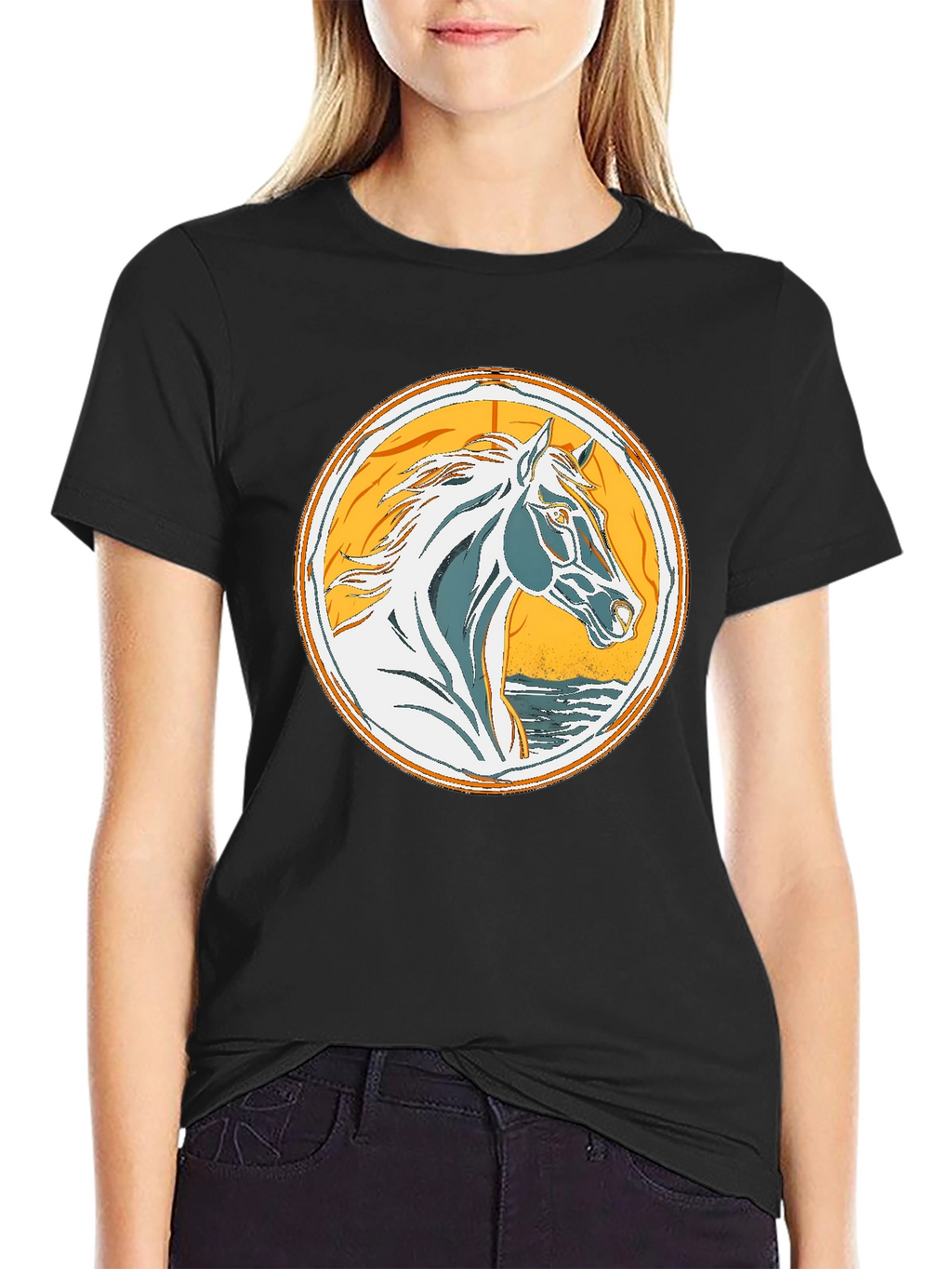 Horse Graphic Tee - Black Cotton T-Shirt