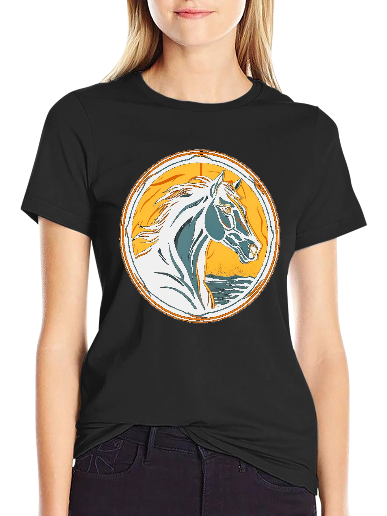 Horse Graphic Tee - Black Cotton T-Shirt