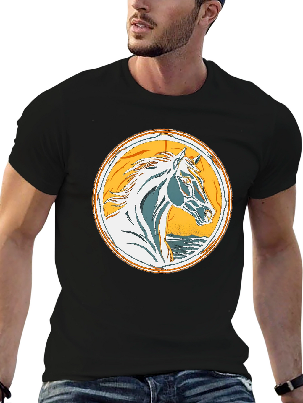 Horse Graphic Tee - Black Cotton T-Shirt