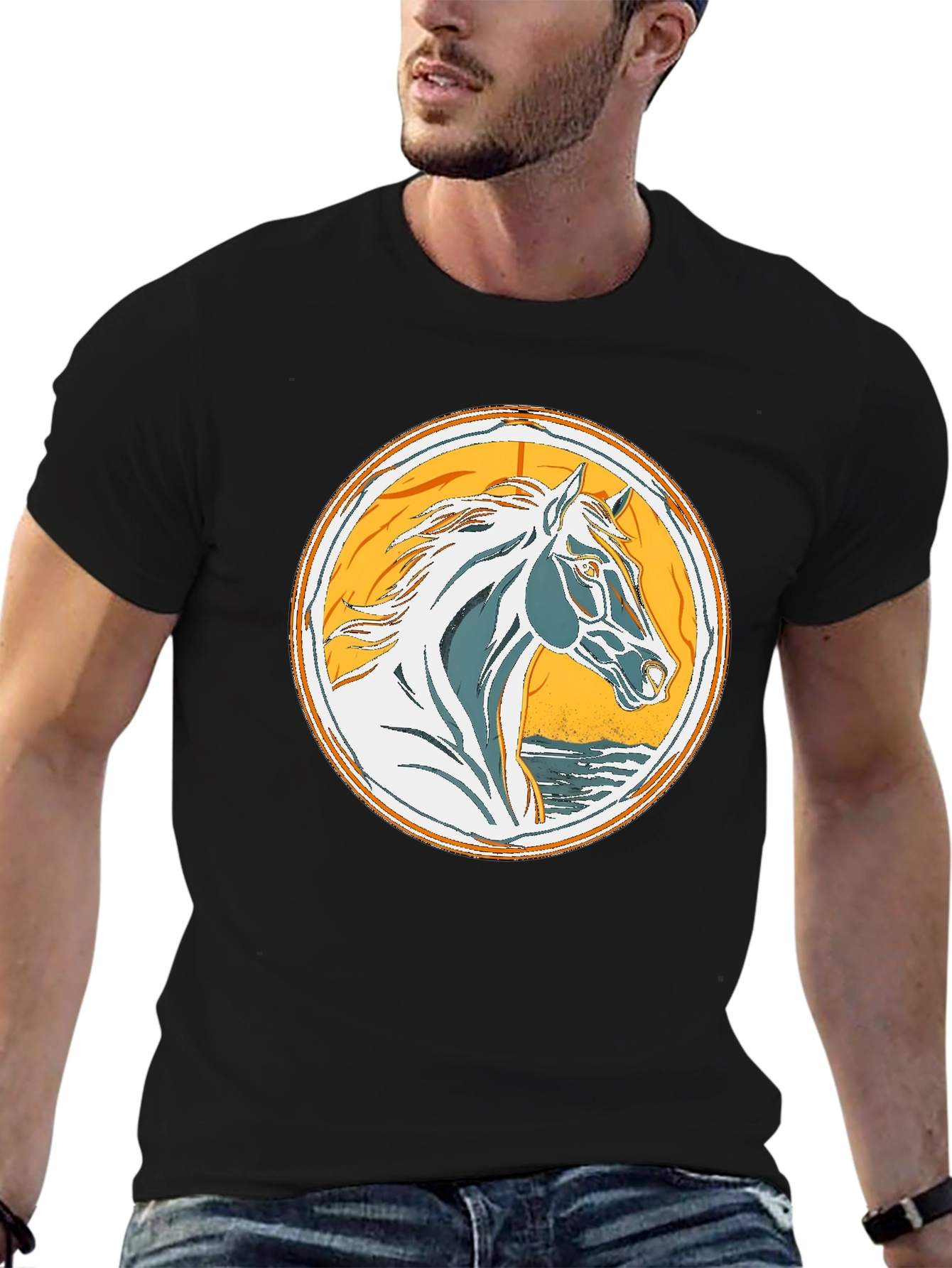 Horse Graphic Tee - Black Cotton T-Shirt