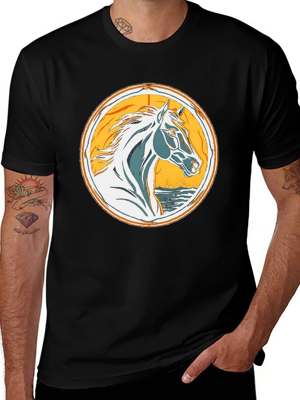 Horse Graphic Tee - Black Cotton T-Shirt