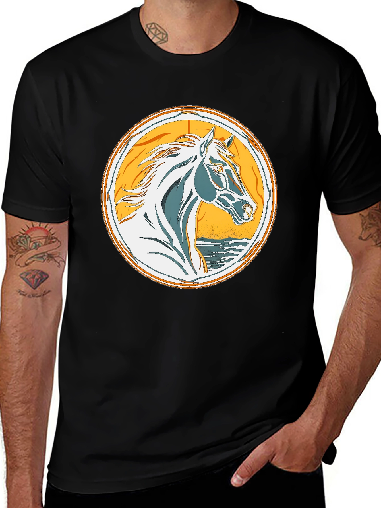 Horse Graphic Tee - Black Cotton T-Shirt