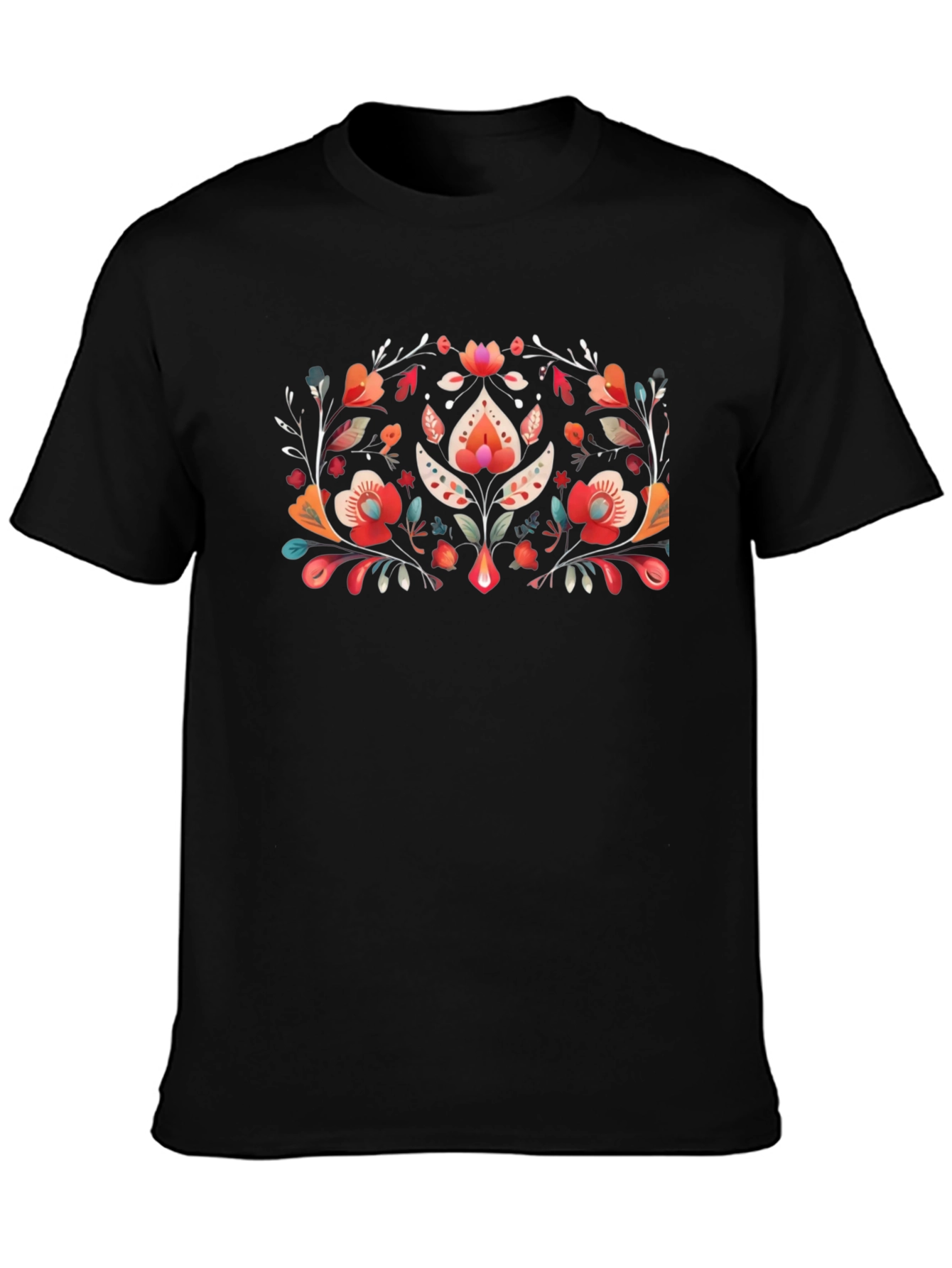 Floral Folk Art Black T-Shirt