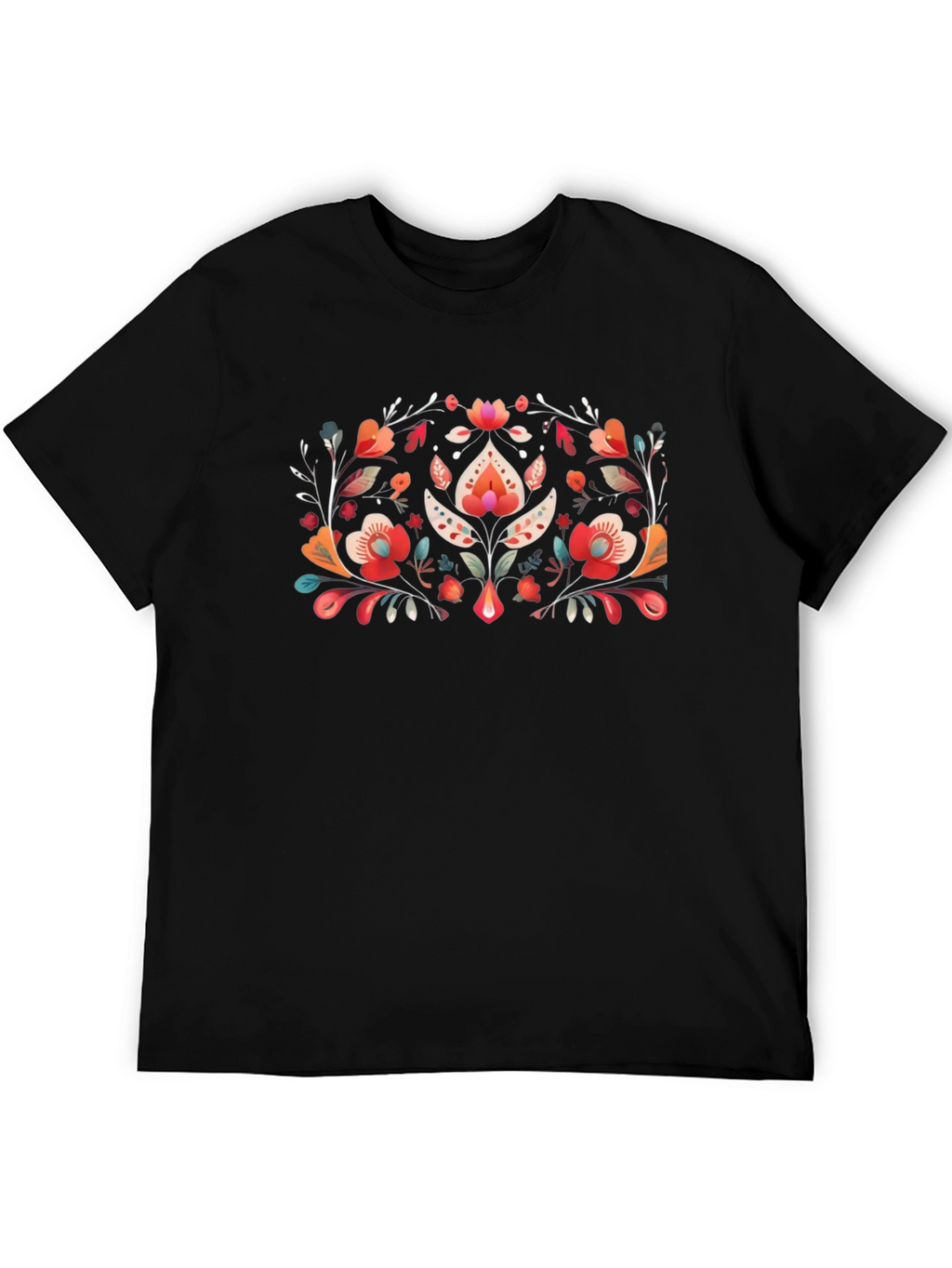 Floral Folk Art Black T-Shirt