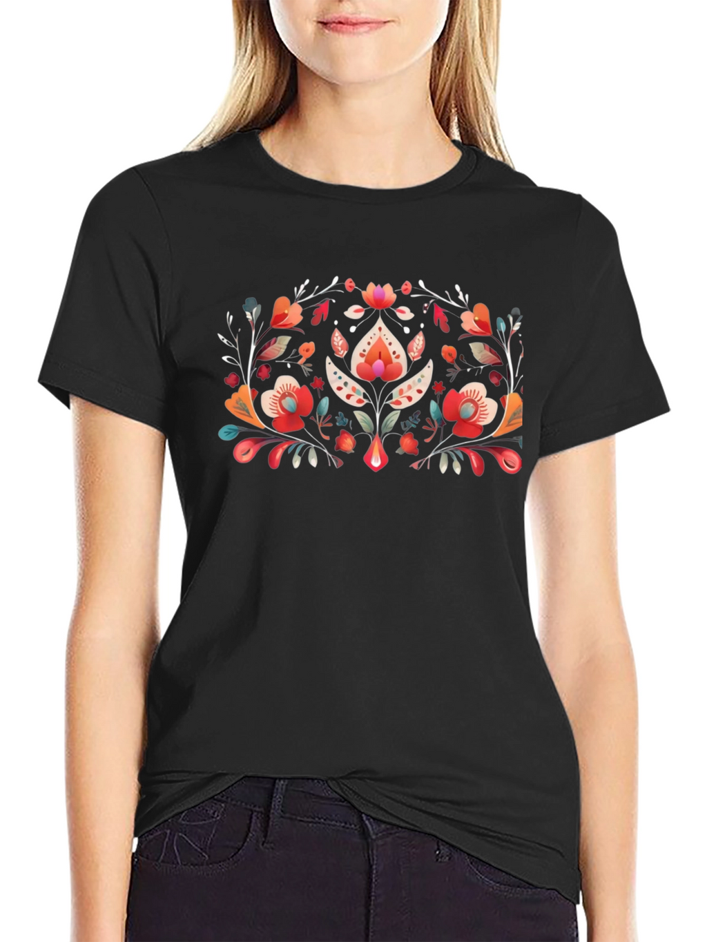 Floral Folk Art Black T-Shirt
