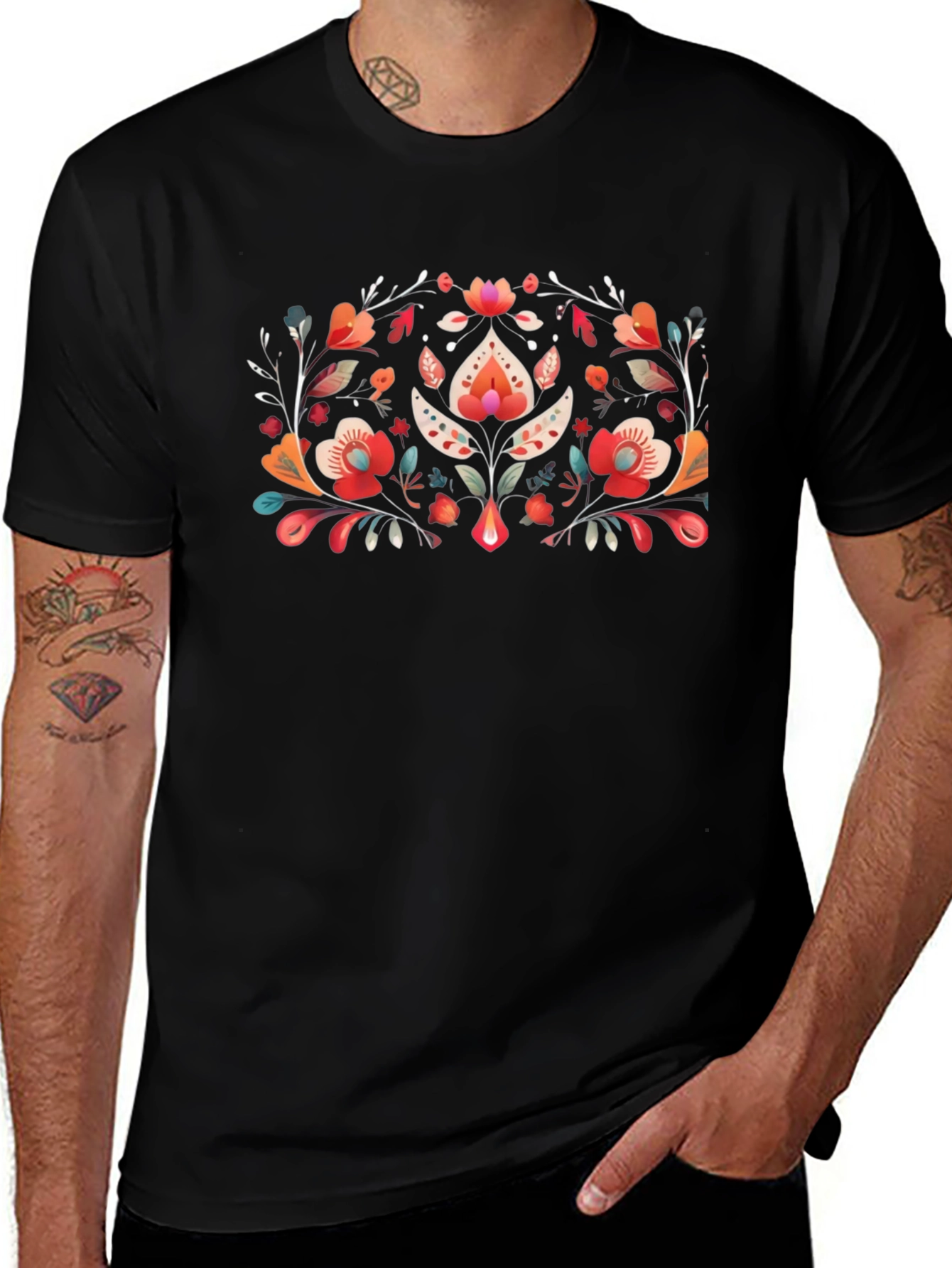 Floral Folk Art Black T-Shirt