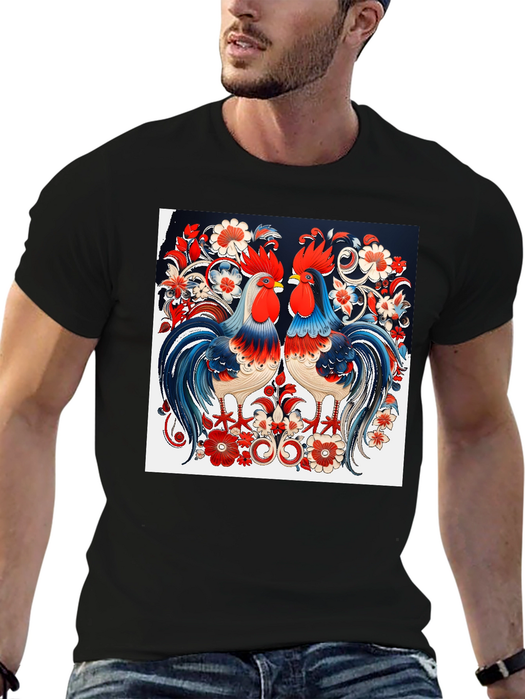 Rooster Floral Print T-Shirt