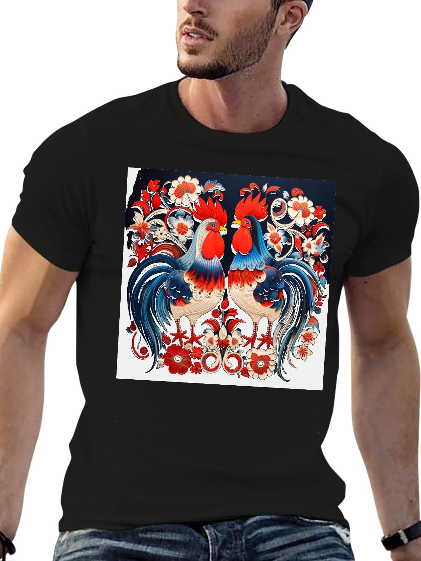 Rooster Floral Print T-Shirt