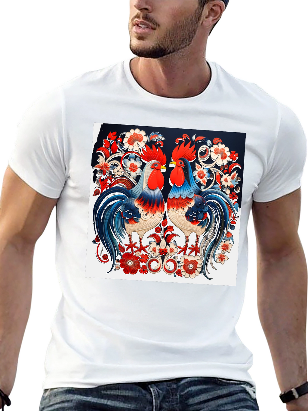 Rooster Floral Print T-Shirt
