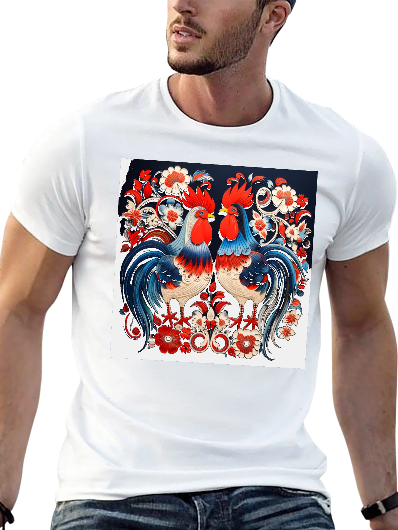 Rooster Floral Print T-Shirt