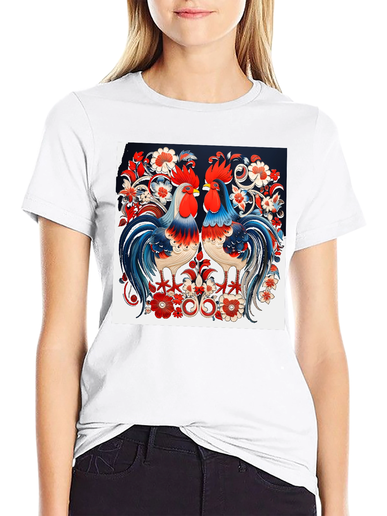 Rooster Floral Print T-Shirt