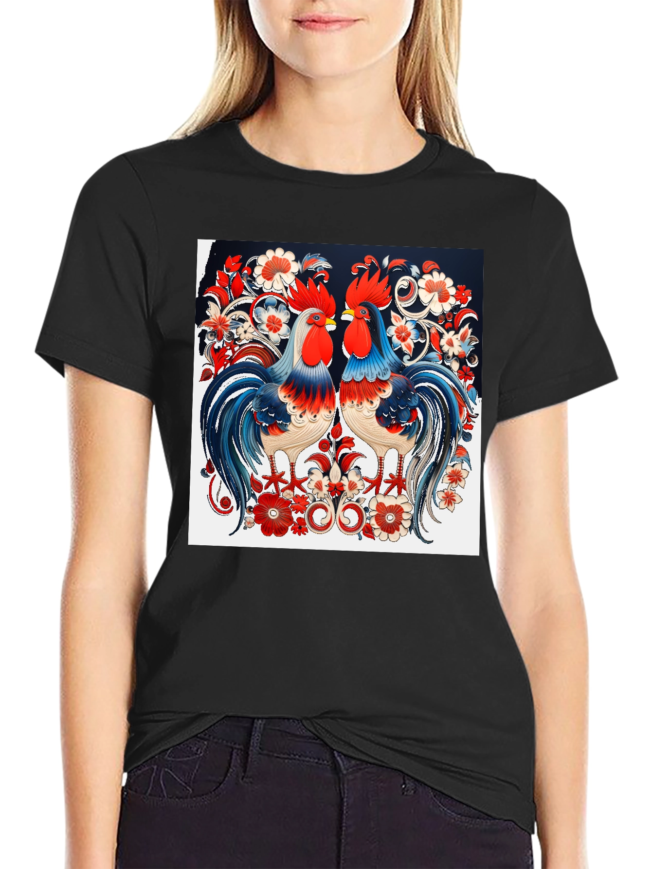 Rooster Floral Print T-Shirt