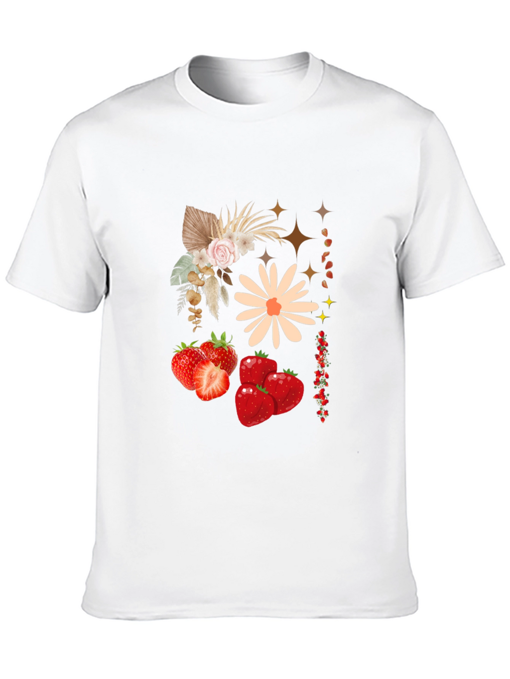 Strawberry Floral Print Black Casual Tee