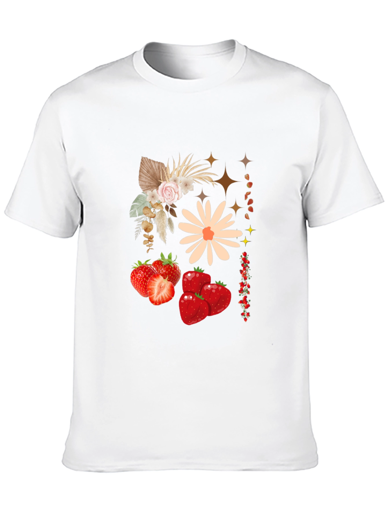 Strawberry Floral Print Black Casual Tee