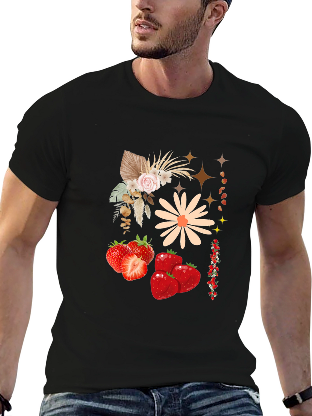 Strawberry Floral Print Black Casual Tee
