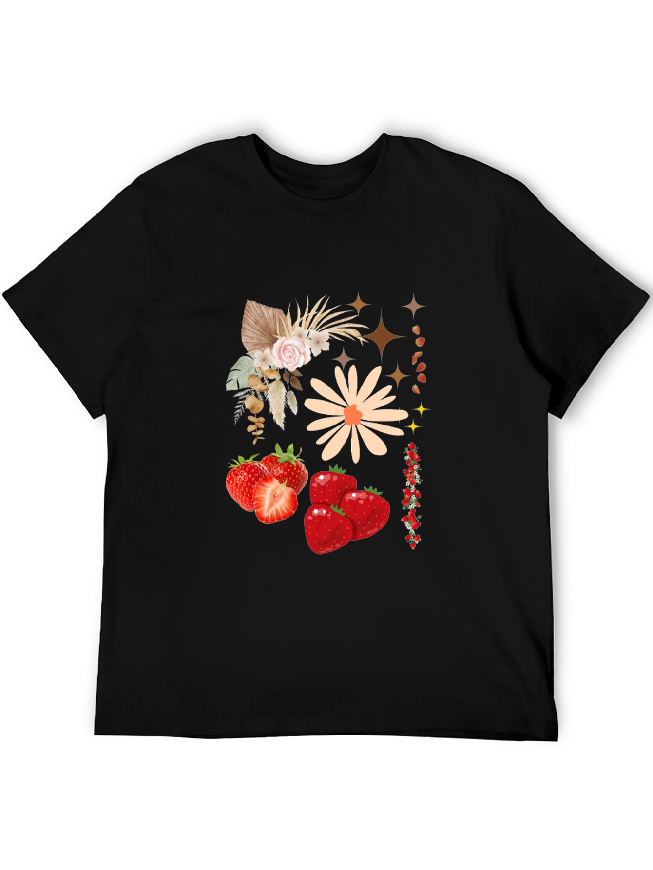 Strawberry Floral Print Black Casual Tee