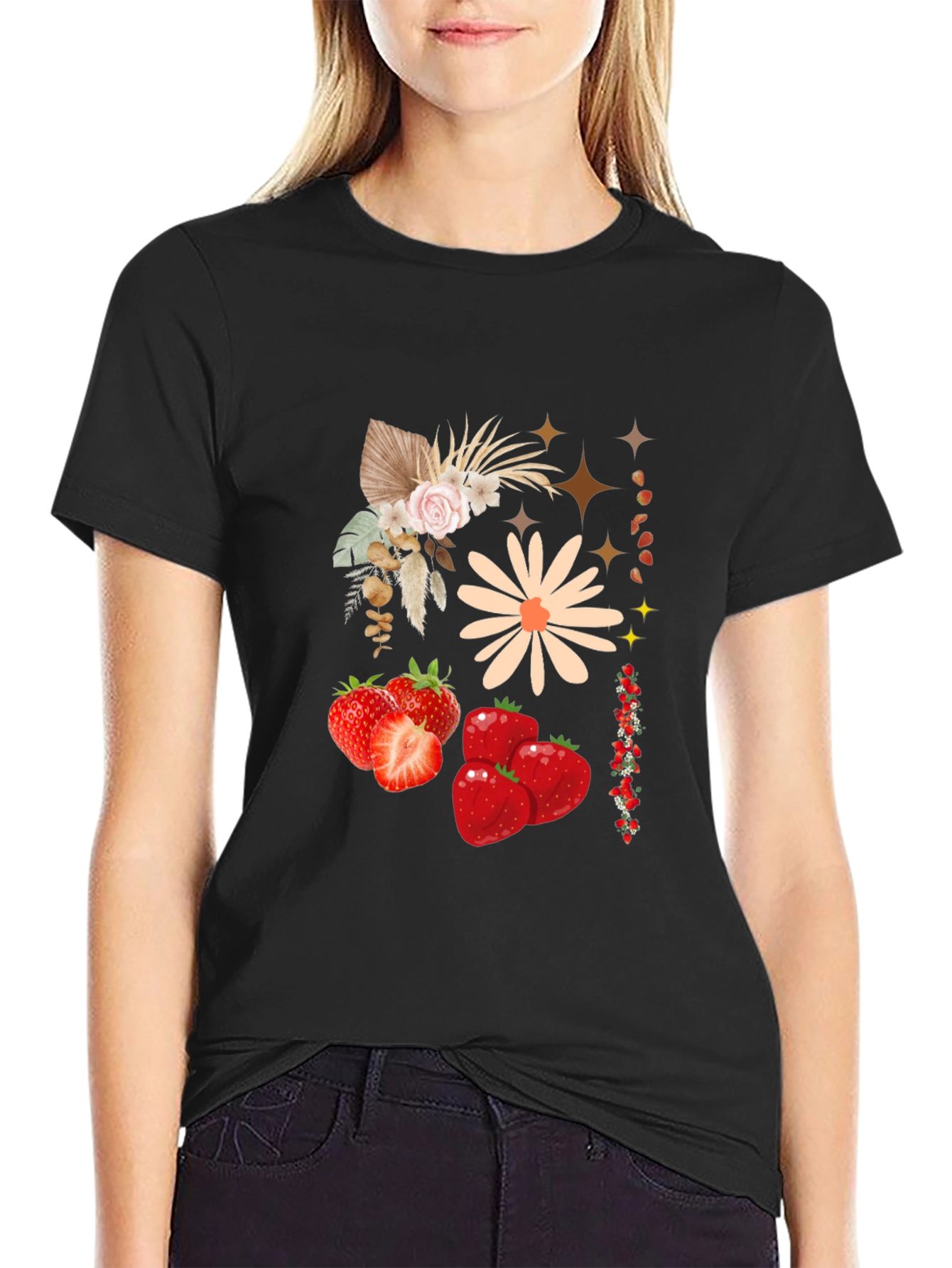 Strawberry Floral Print Black Casual Tee