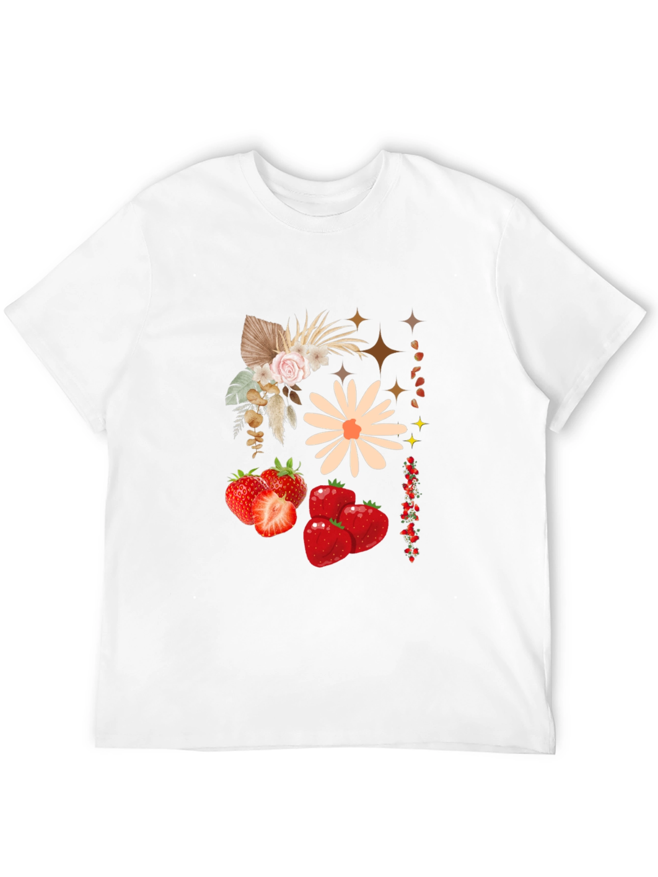 Strawberry Floral Print Black Casual Tee
