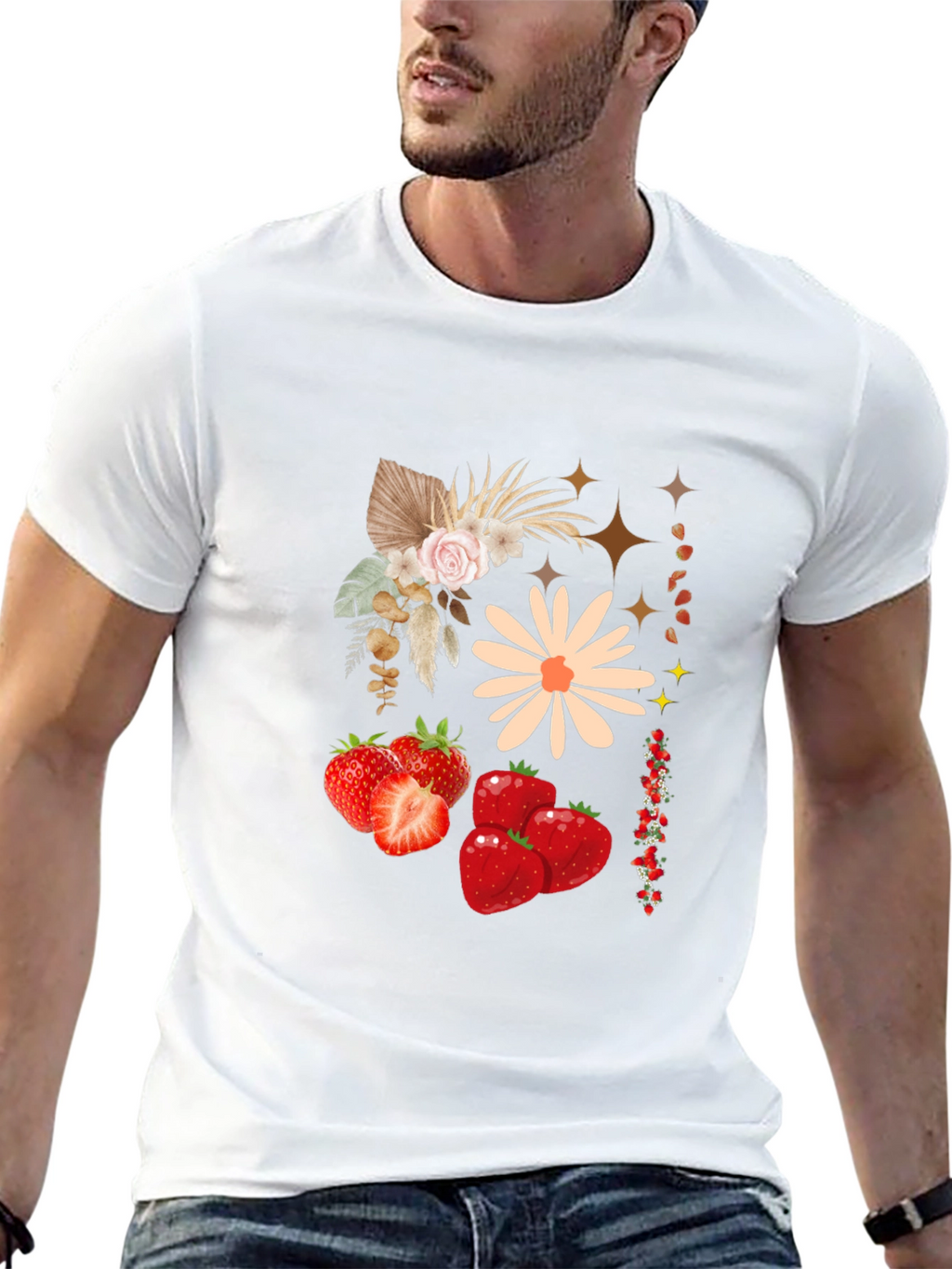 Strawberry Floral Print Black Casual Tee