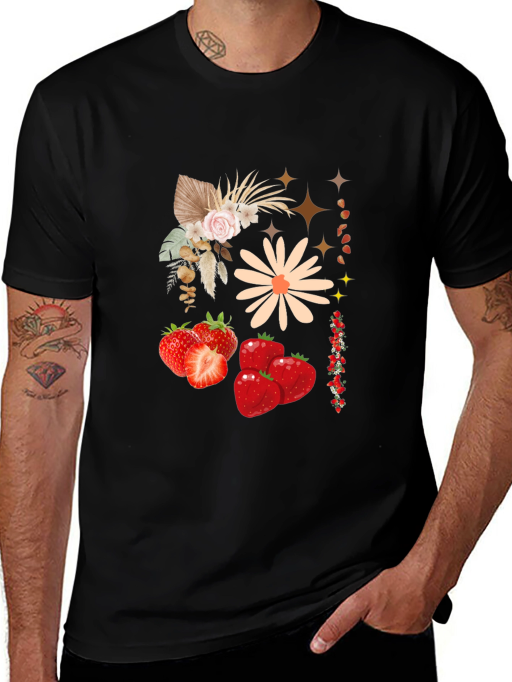 Strawberry Floral Print Black Casual Tee