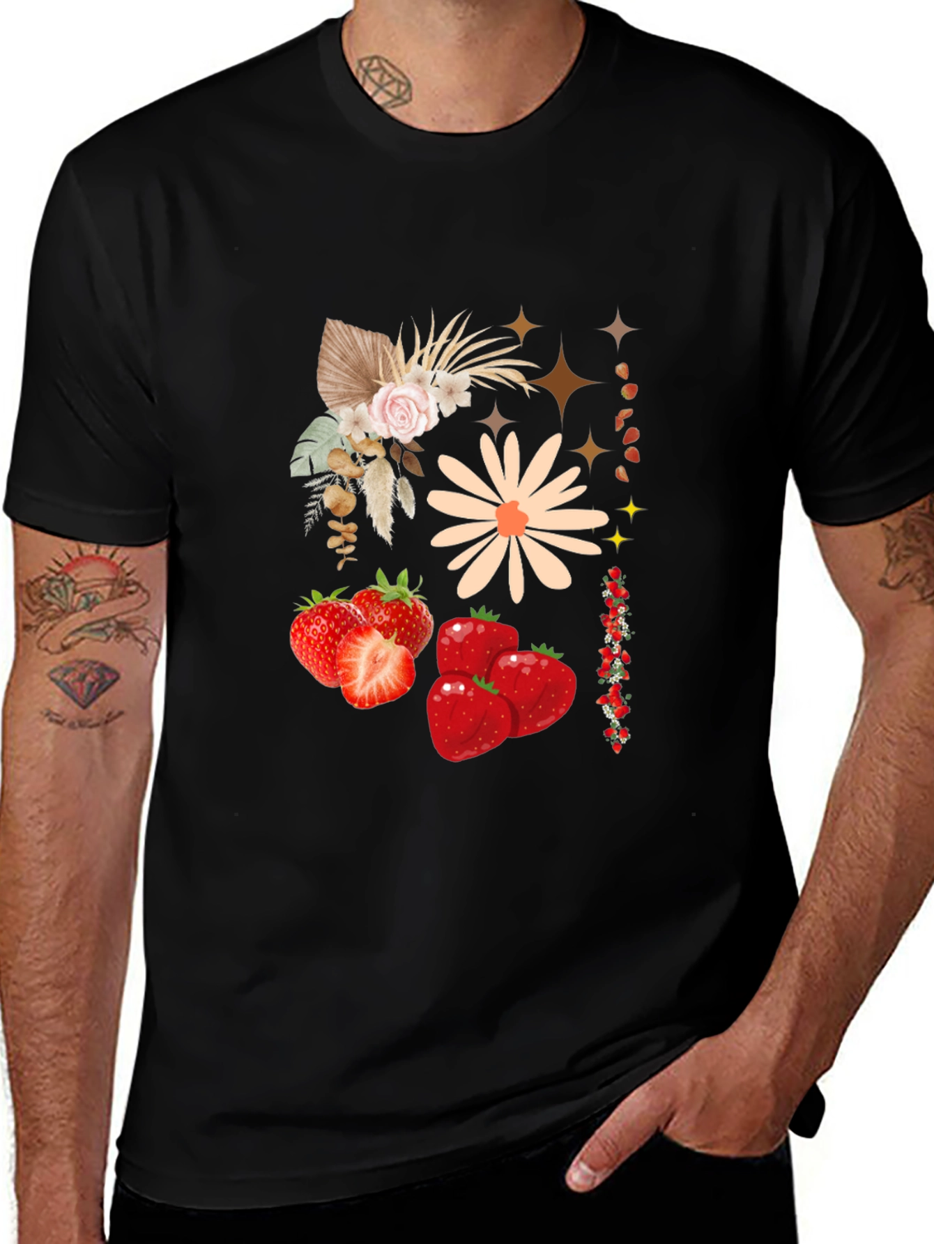 Strawberry Floral Print Black Casual Tee