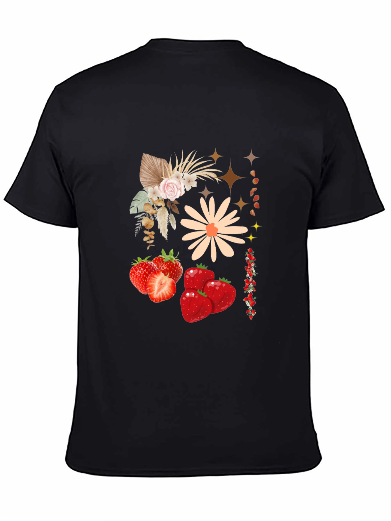 Strawberry Floral Print Black Casual Tee