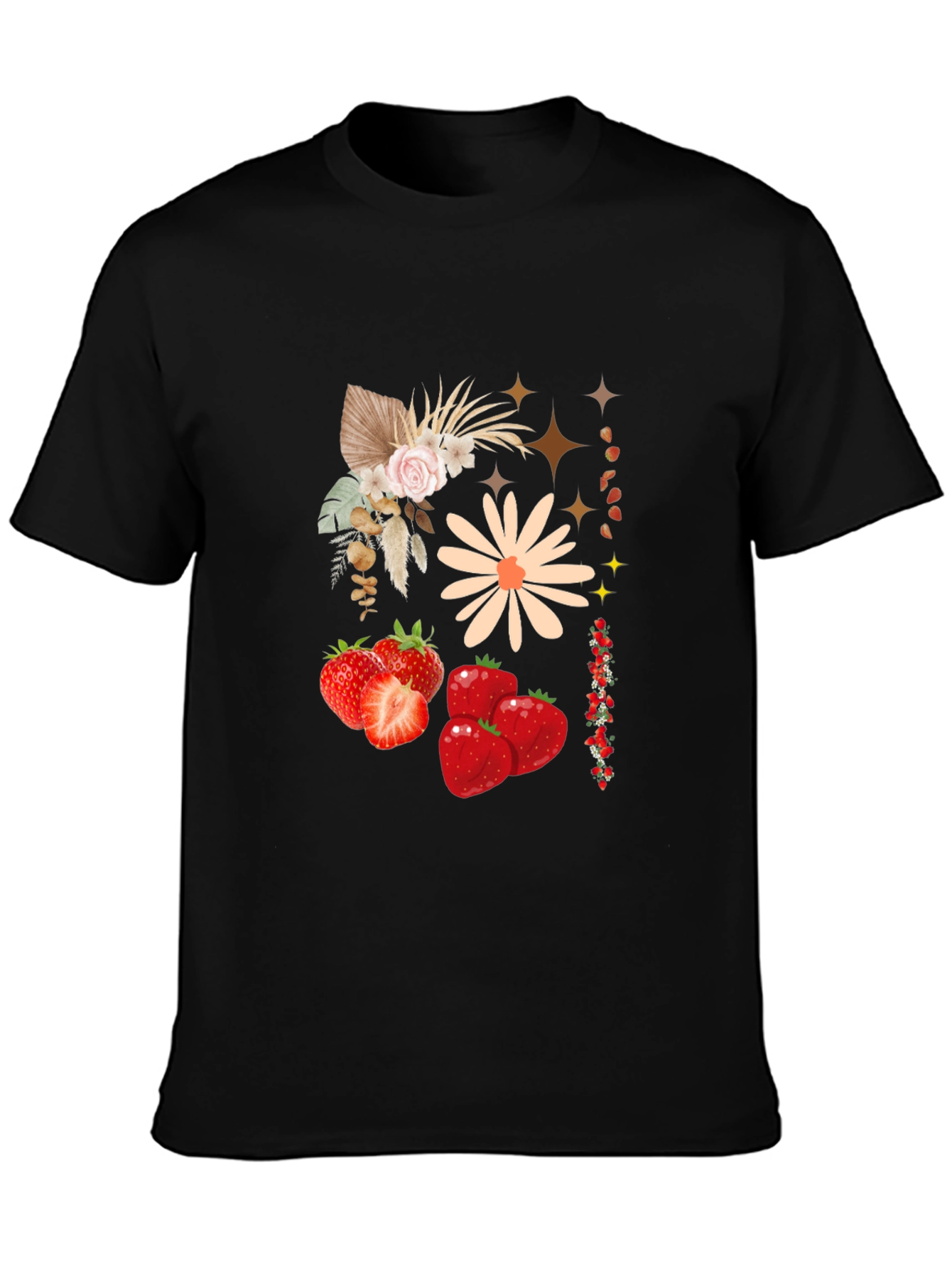 Strawberry Floral Print Black Casual Tee