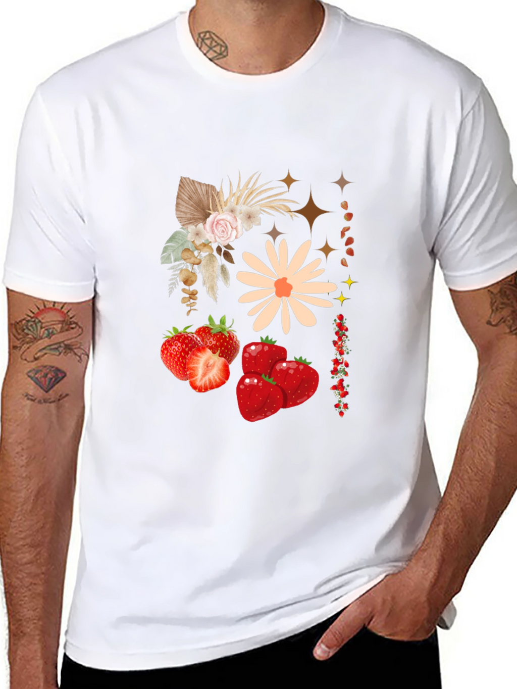 Strawberry Floral Print Black Casual Tee