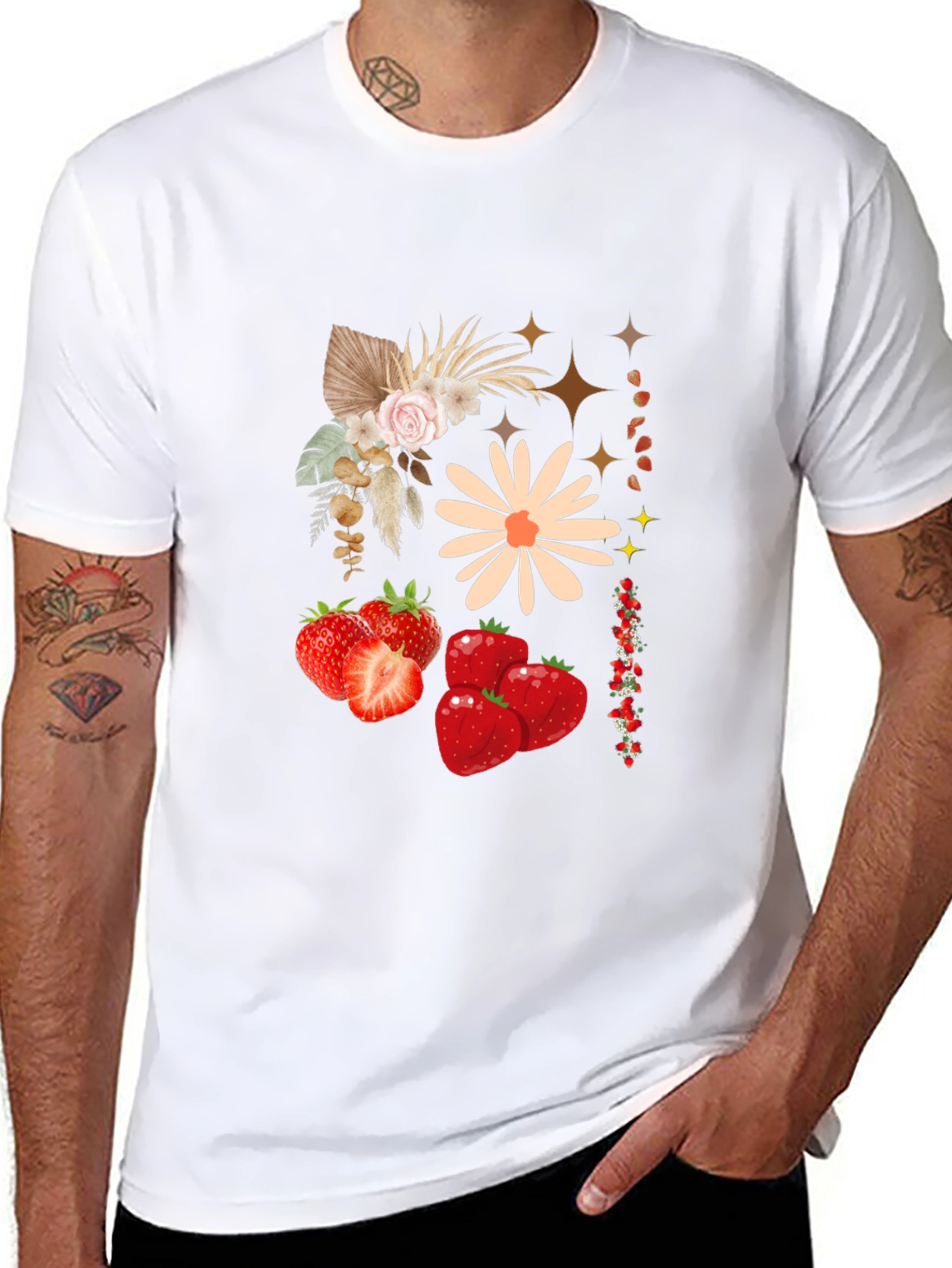 Strawberry Floral Print Black Casual Tee