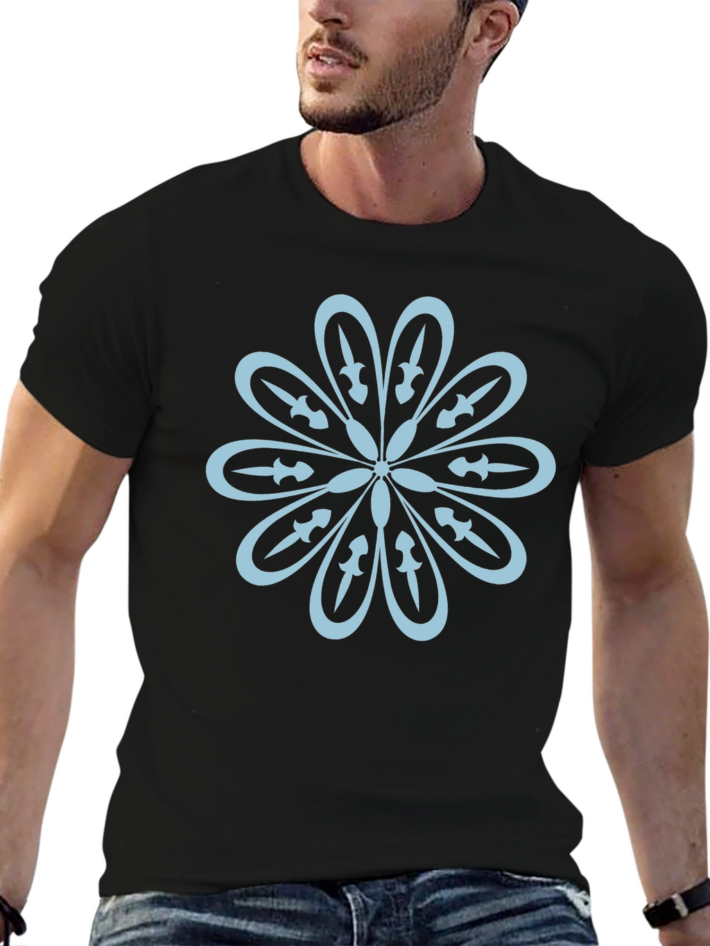 Black T-Shirt with Flower Sword Design