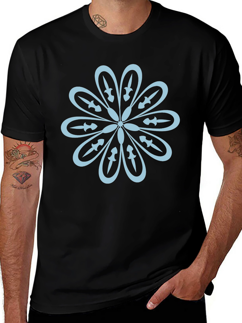 Black T-Shirt with Flower Sword Design