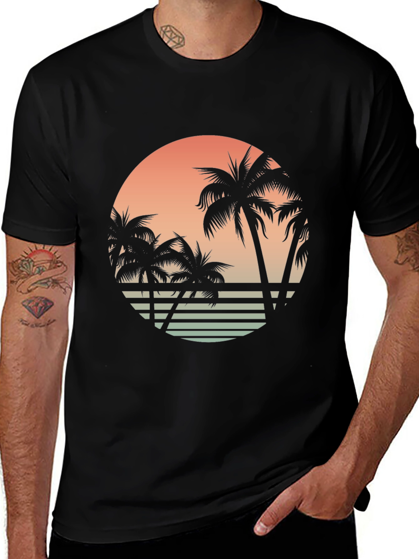 Retro Sunset Palm Tree Graphic Tee - Black