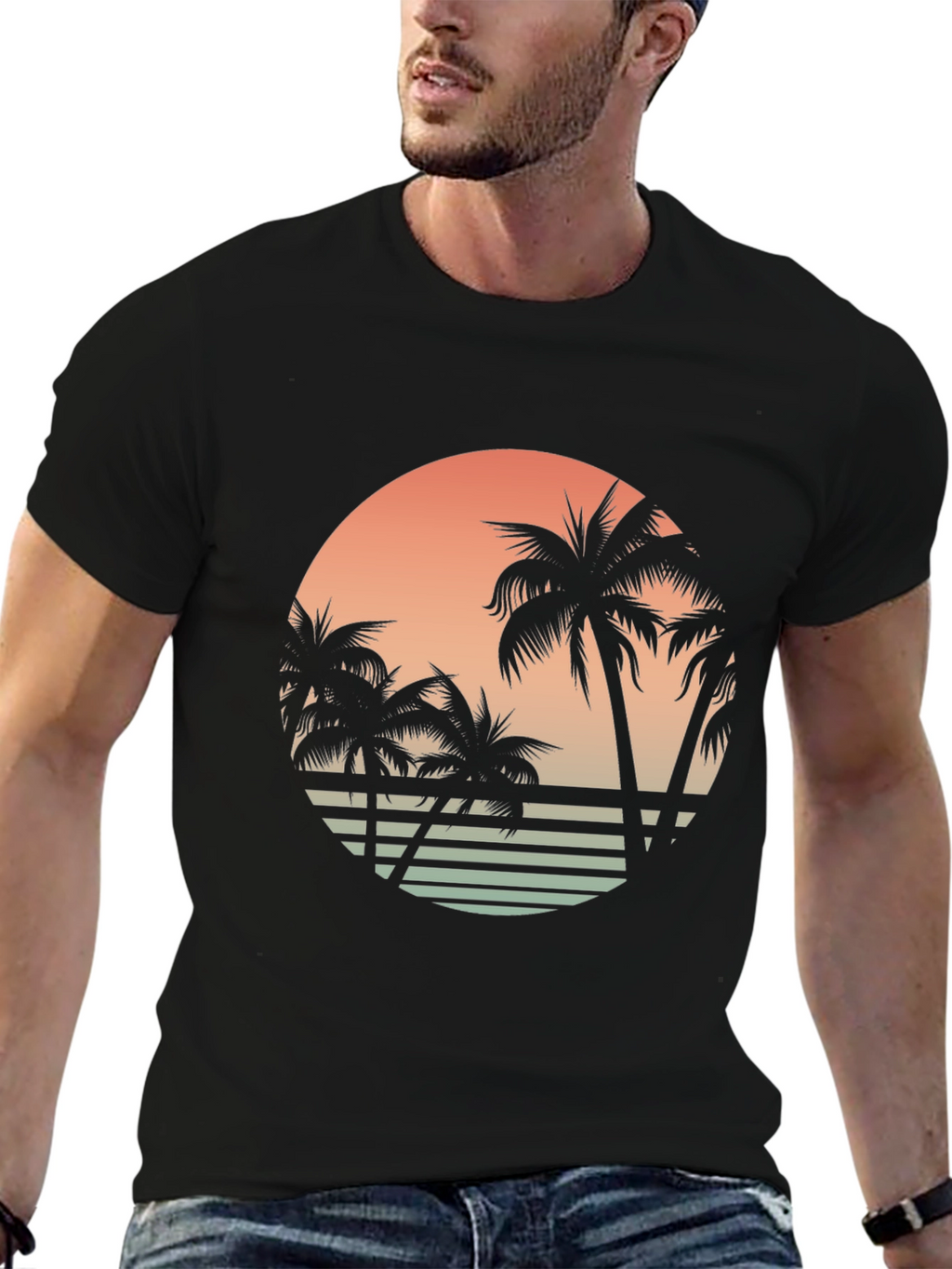 Retro Sunset Palm Tree Graphic Tee - Black