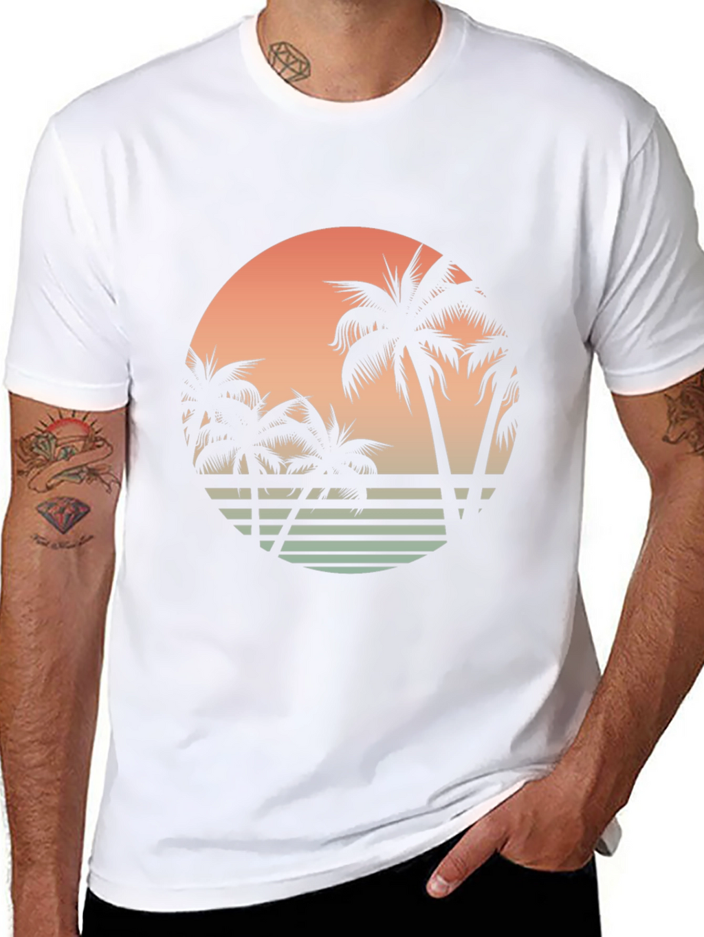 Retro Sunset Palm Tree Graphic Tee - Black