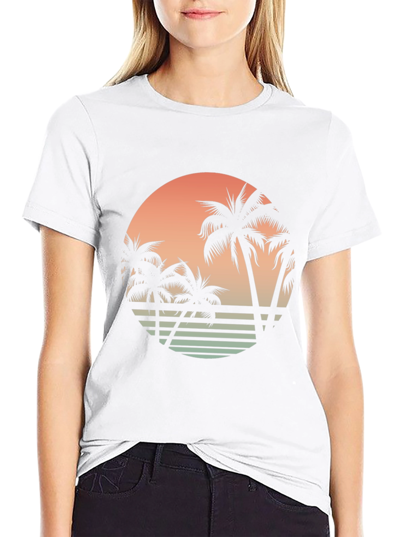 Retro Sunset Palm Tree Graphic Tee - Black