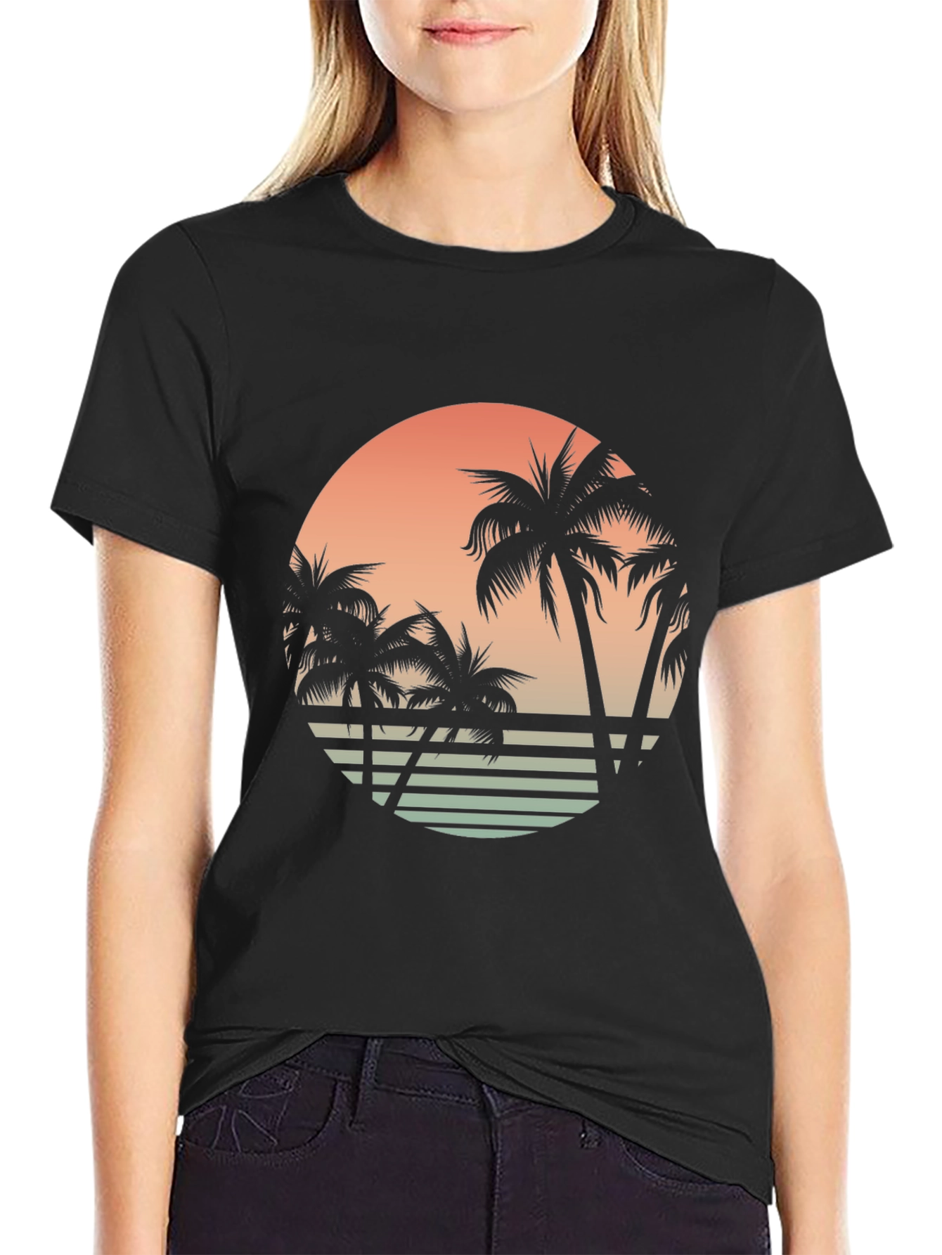 Retro Sunset Palm Tree Graphic Tee - Black