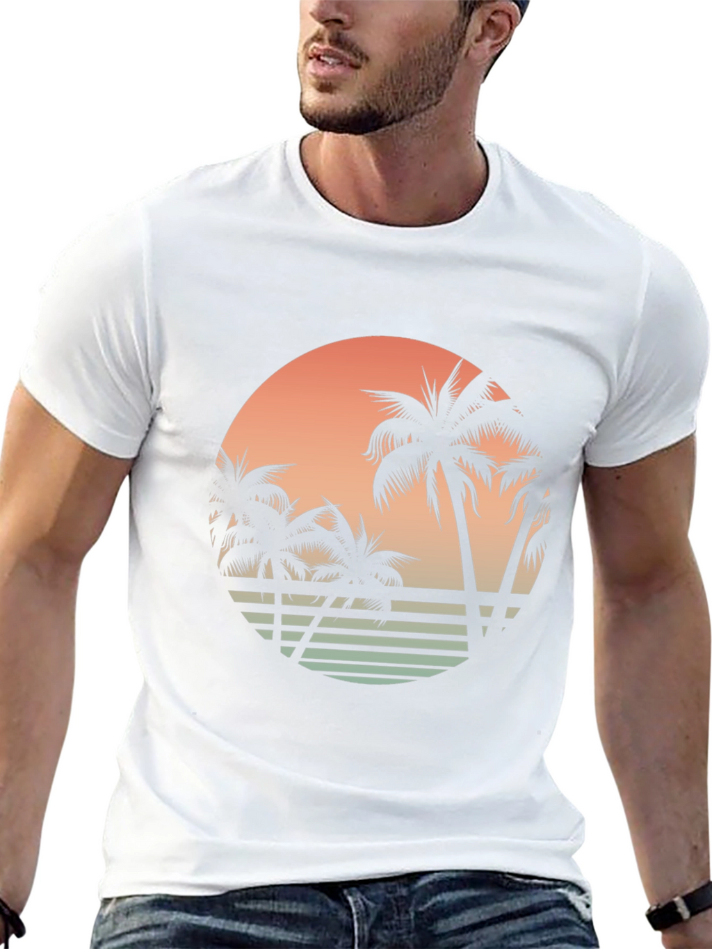 Retro Sunset Palm Tree Graphic Tee - Black