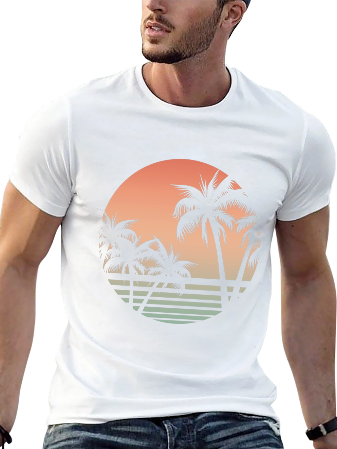 Retro Sunset Palm Tree Graphic Tee - Black