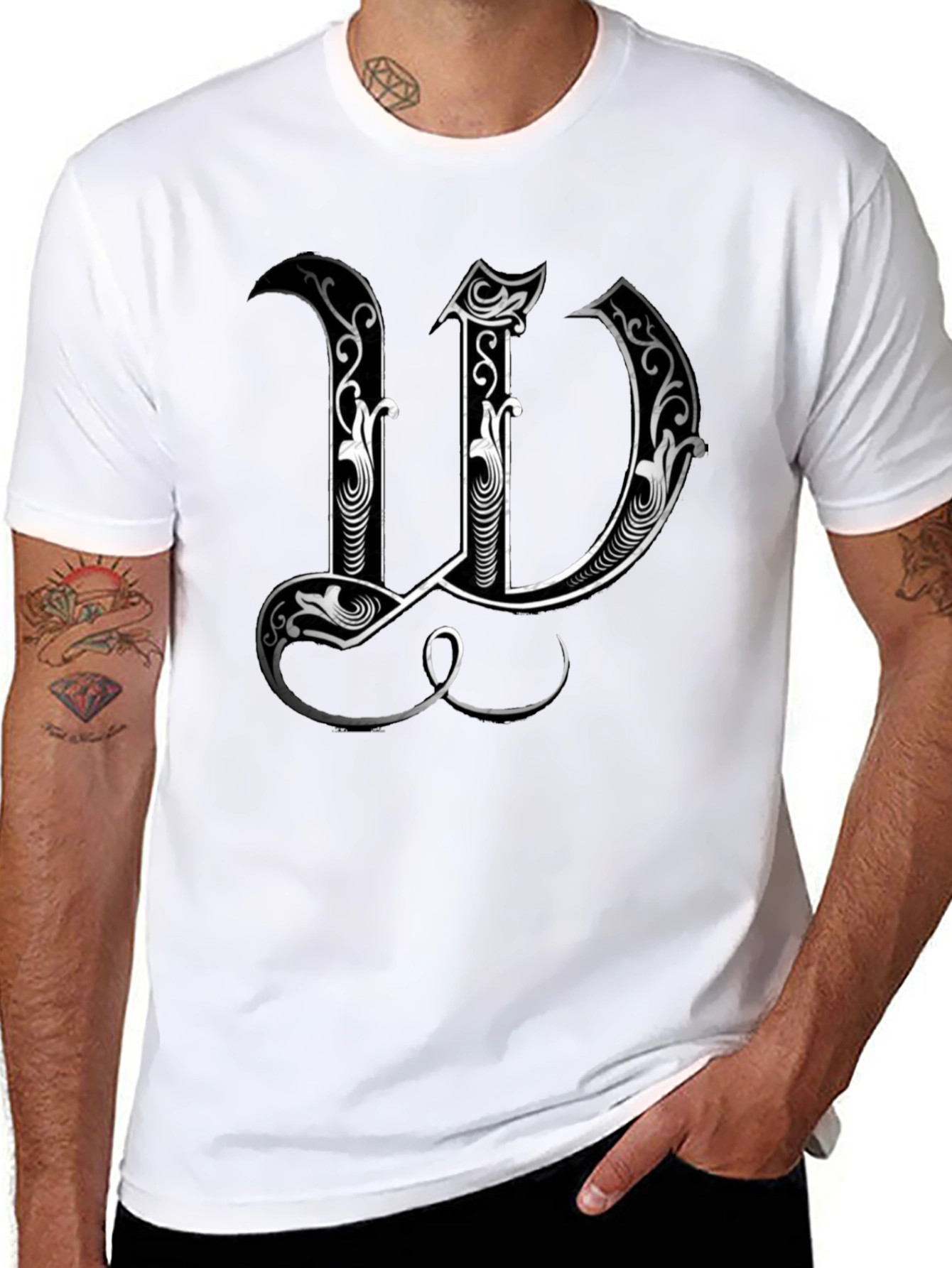 Elegant Initial W Graphic Print Black T-Shirt