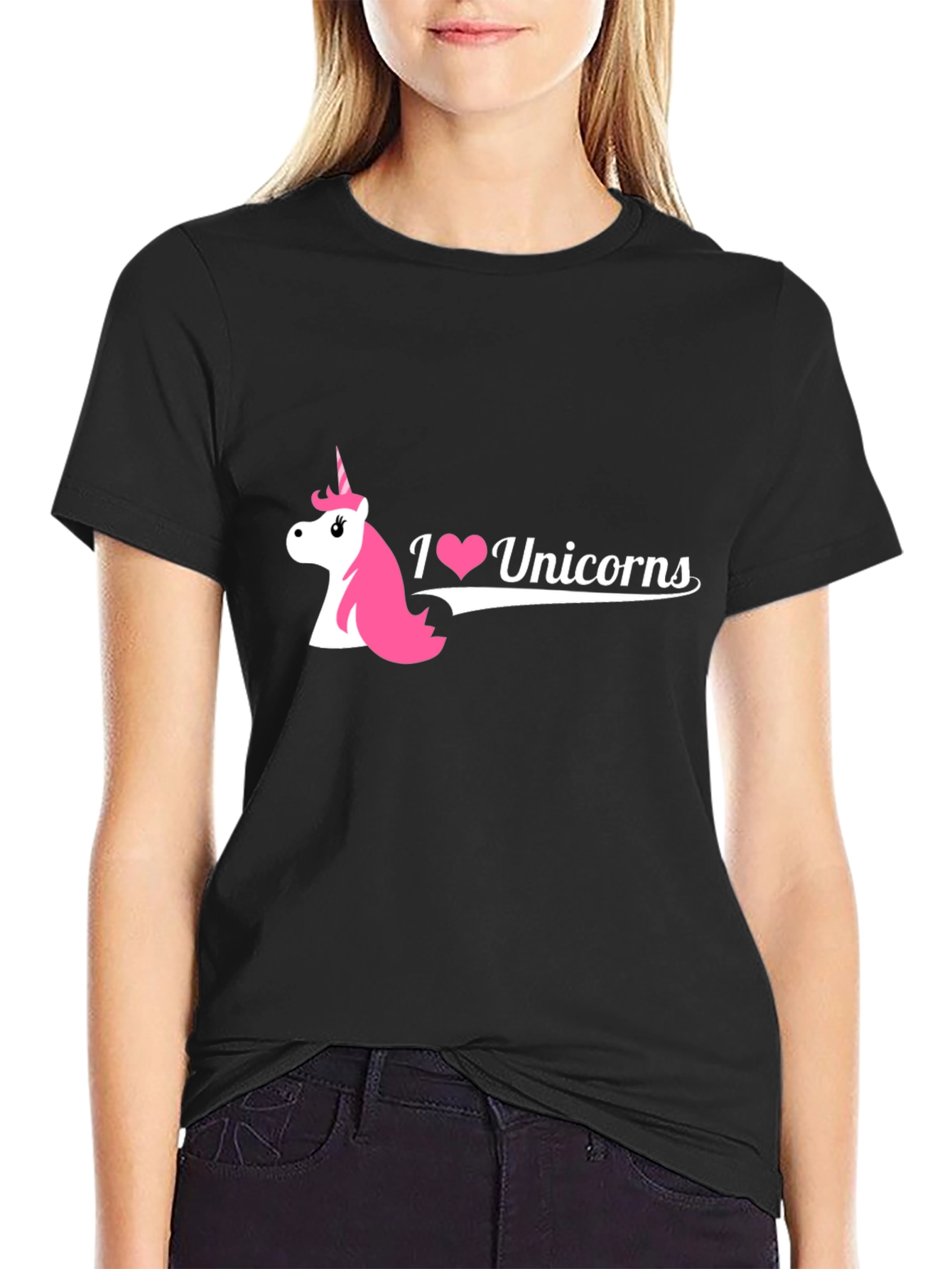 I Love Unicorns Graphic Tee - Black Cotton Blend T-Shirt