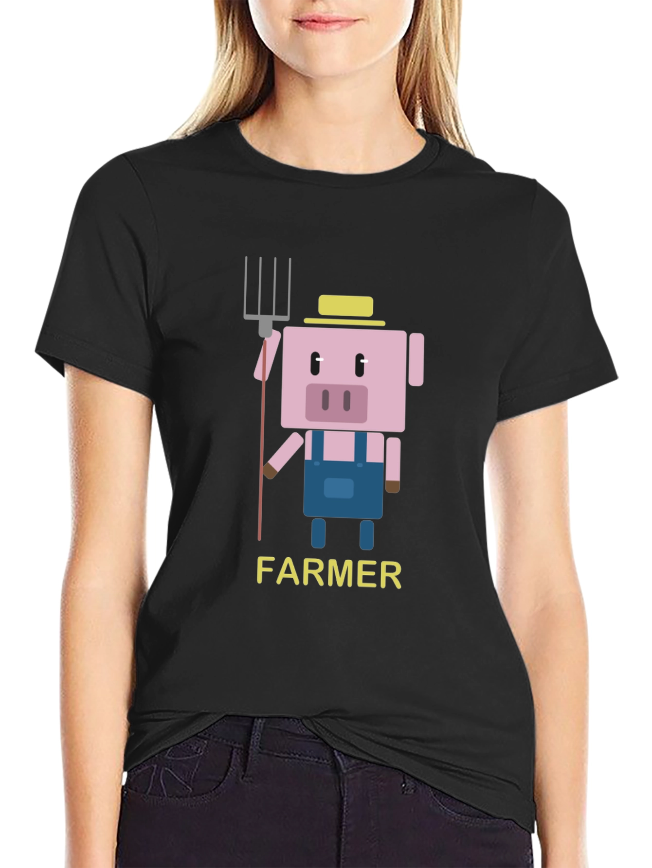 Farmer Pig Graphic T-Shirt - Fun Cartoon Design