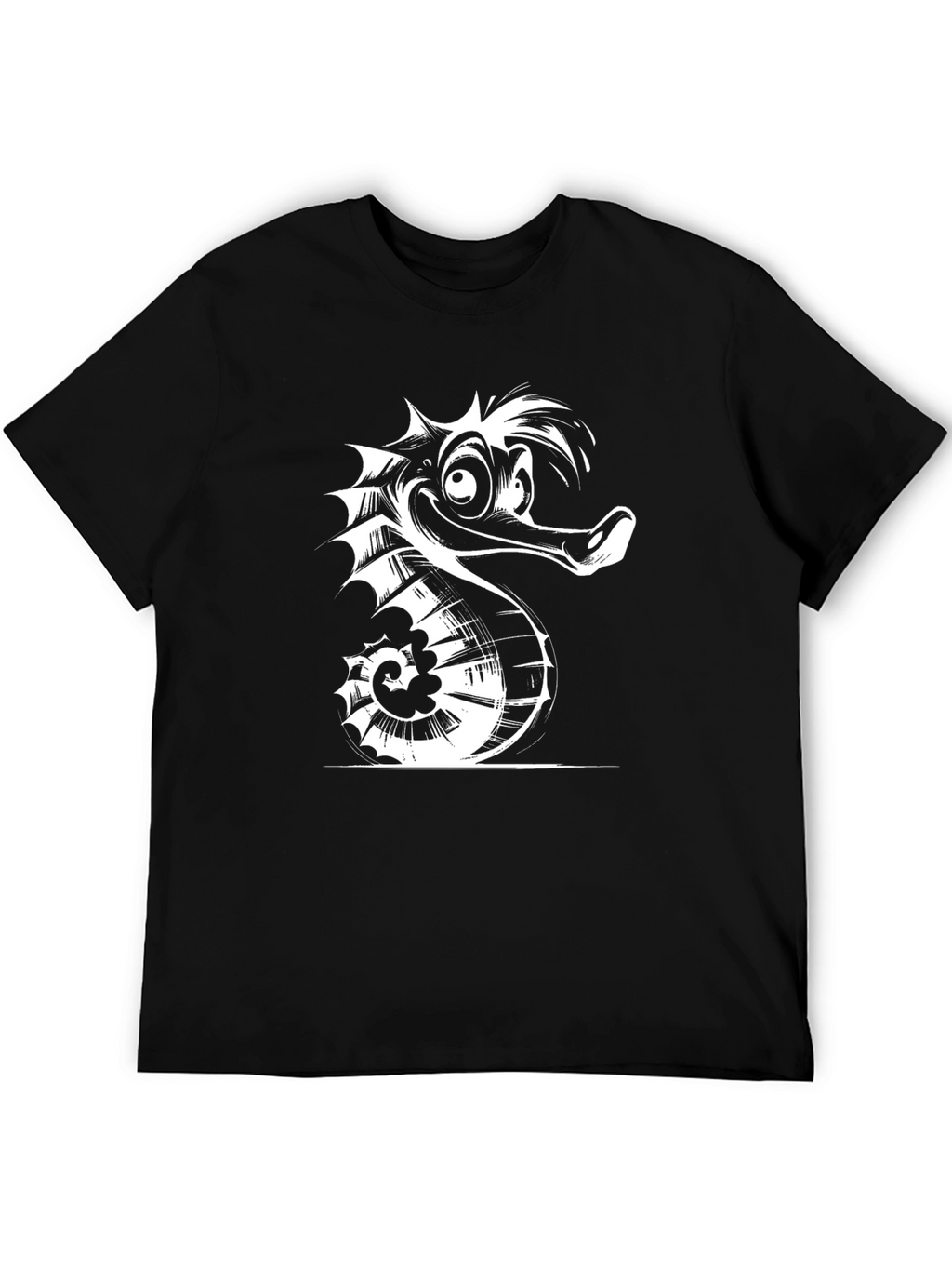 Cartoon Seahorse Graphic Tee - Black Cotton T-Shirt