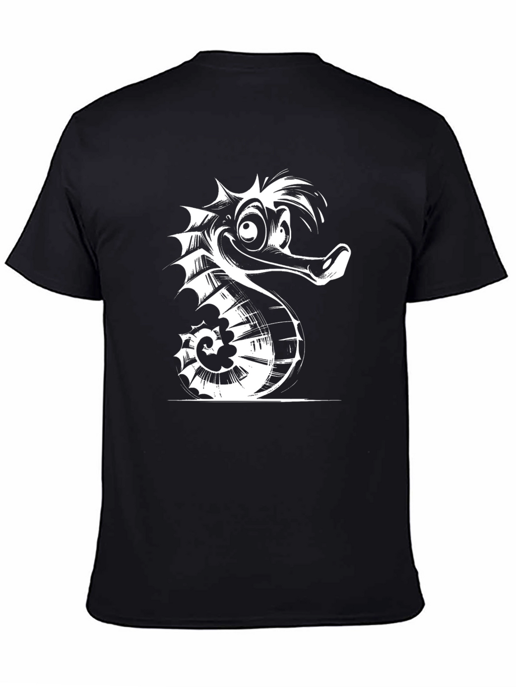 Cartoon Seahorse Graphic Tee - Black Cotton T-Shirt