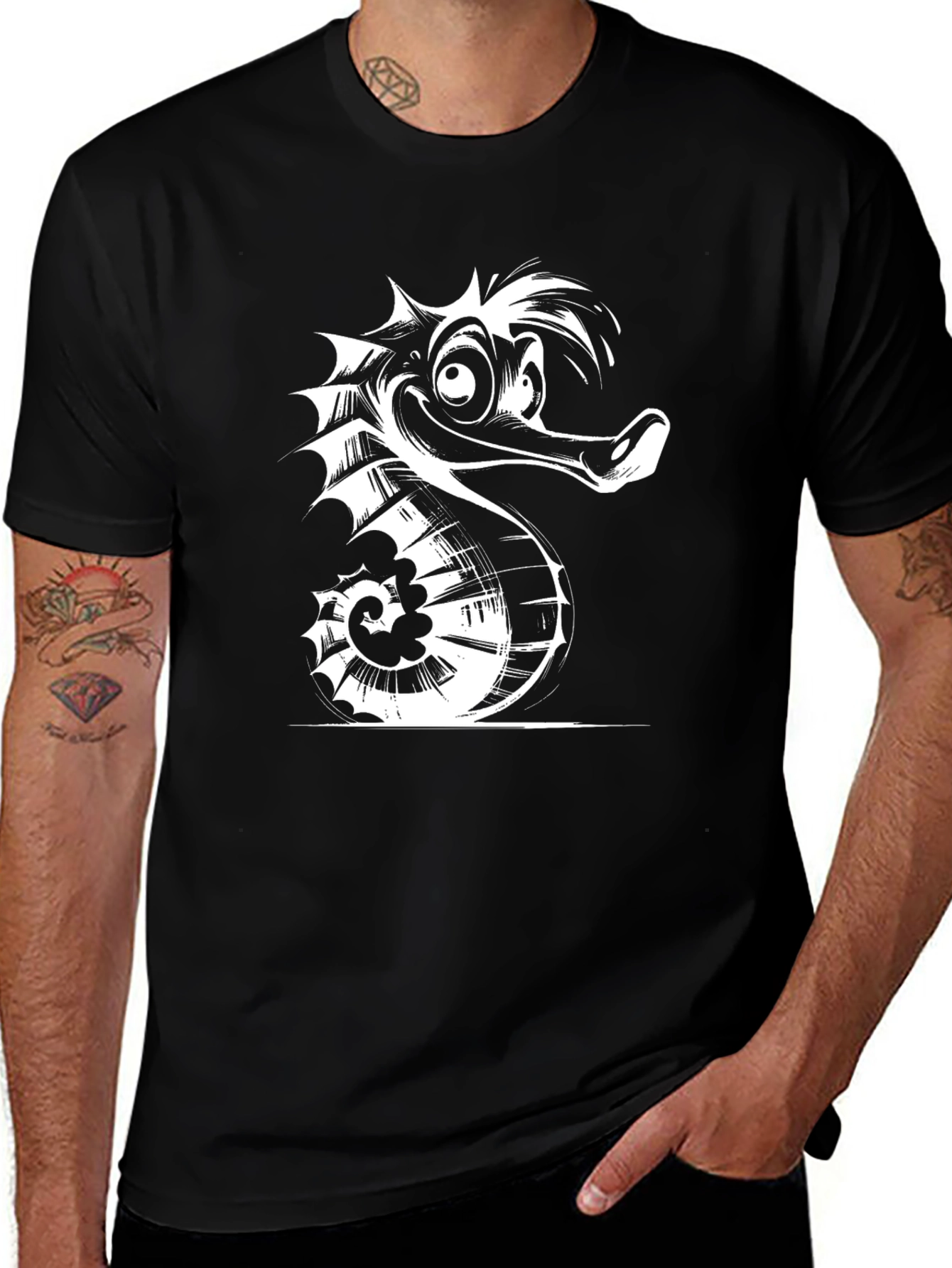 Cartoon Seahorse Graphic Tee - Black Cotton T-Shirt