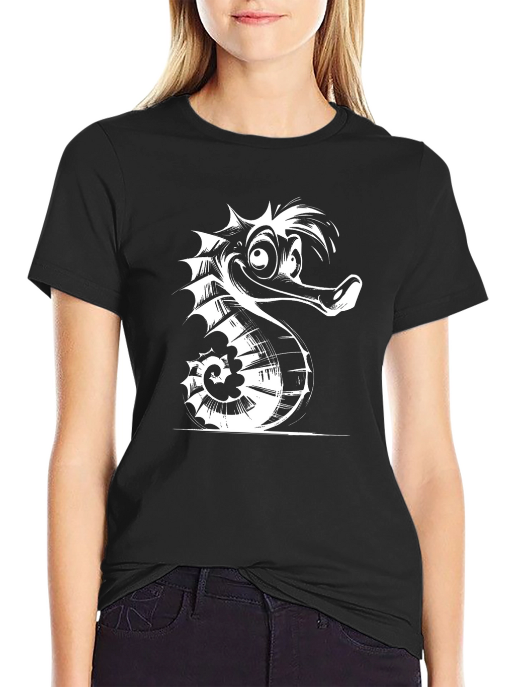 Cartoon Seahorse Graphic Tee - Black Cotton T-Shirt