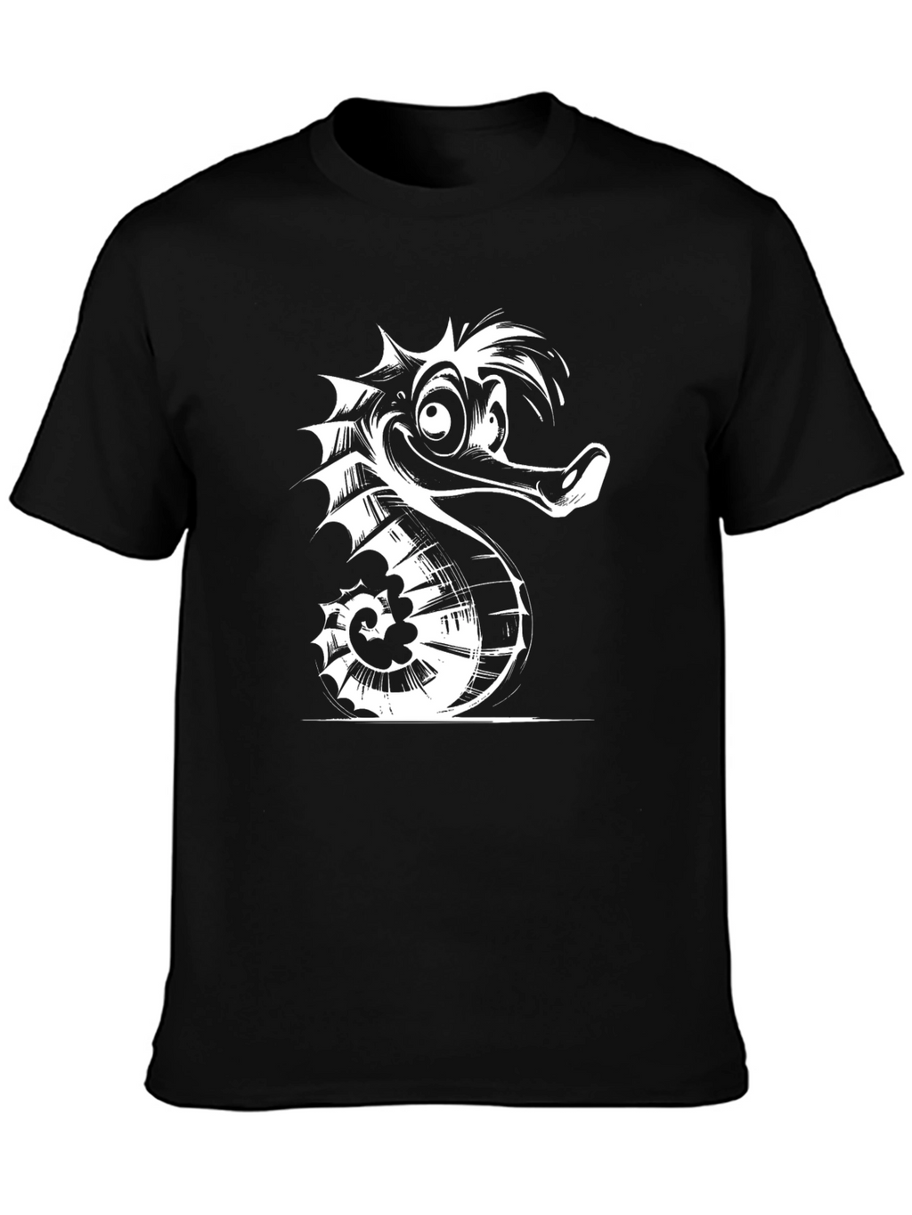 Cartoon Seahorse Graphic Tee - Black Cotton T-Shirt
