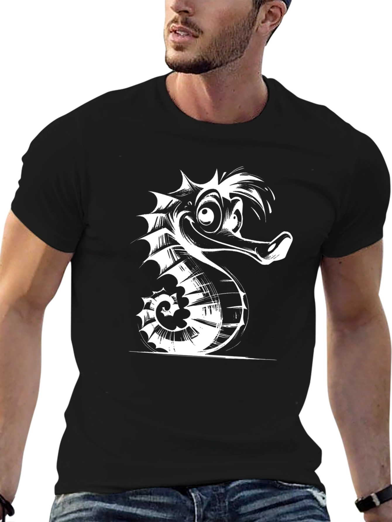 Cartoon Seahorse Graphic Tee - Black Cotton T-Shirt